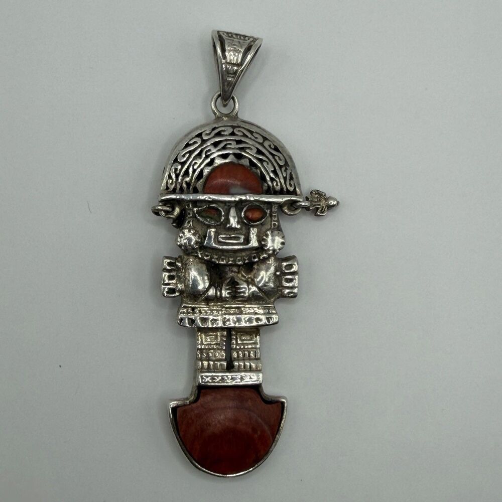 Vintage 950 Silver Tribal Figural Pendant Rhodonite Ethnic Jewelry